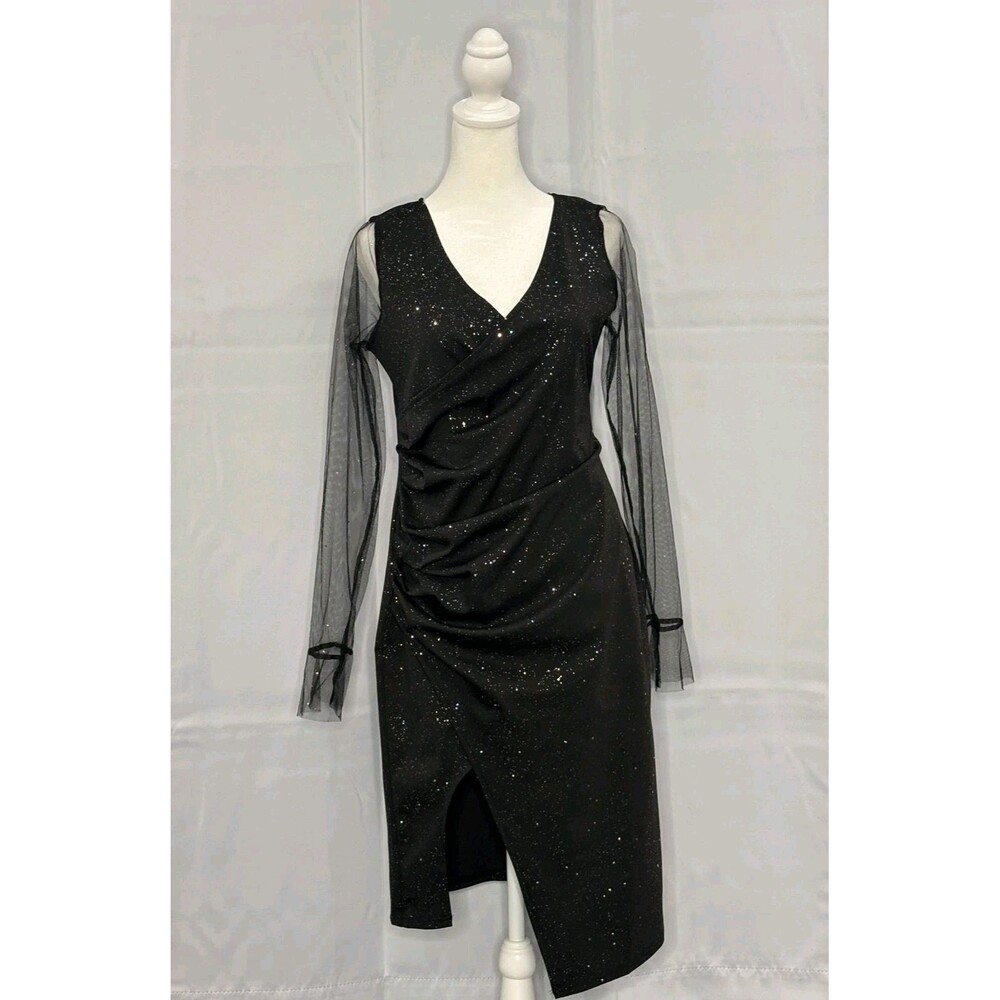 Women’s Black Glitter Midi Dress Size L Sheer Long Sleeve Ruched Cocktail NWOT